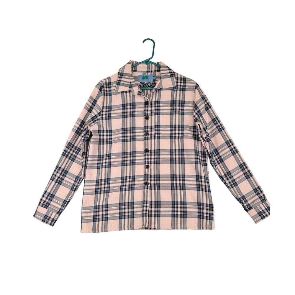 Melody Ehsani Womens Flannel Pink Green Plaid Button Front Long Sleeve Shirt S
